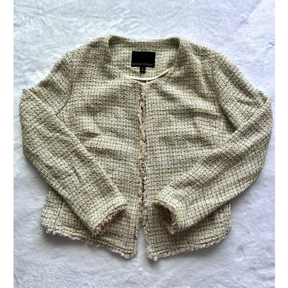Banana Republic Pink Green Tweed Fringe Jacket Size 0